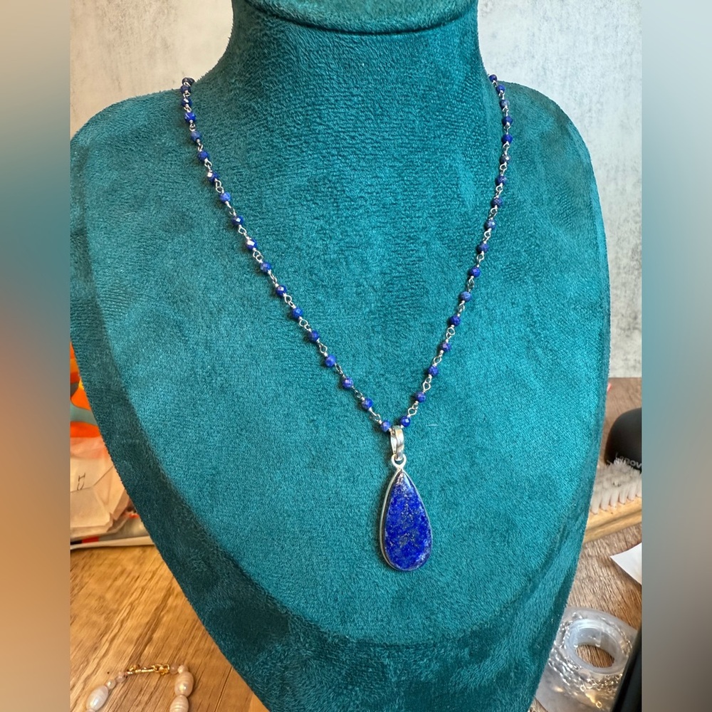 Handmade Lapis Lazuli Necklace | Sterling Silver Pendant & Chain -24”